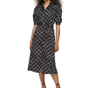 Donna Karen Black and White Midi Dress with Wrap Tie Front